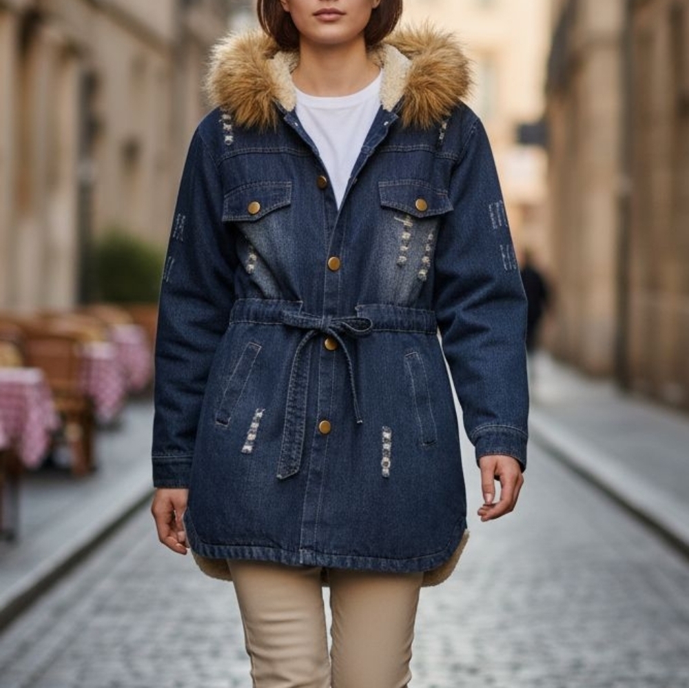 Denim Kids Jacket with Faux Fur Hood‎ Faded And Distressed Sz XL